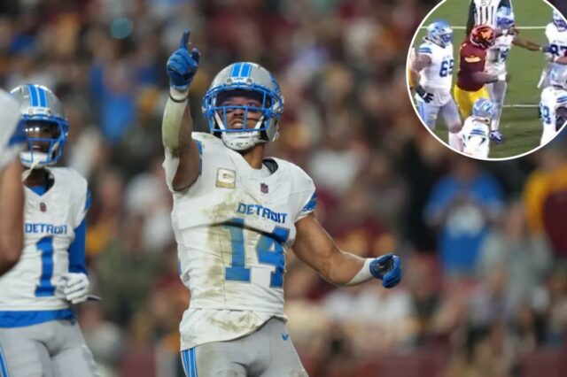 Amon-Ra St. Brown multado por socar jogador do Commanders em Amon-Ra St. Brown do Detroit Lions comemora um touchdown.