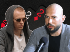 Andrew Tate parece estar promovendo a plataforma de cassino online de Ossi Ketola, Duel Andrew Tate parece estar promovendo a plataforma de cassino online de Ossi Ketola, Duel. Um gráfico de imagem dividida mostrando um homem encapuzado e óculos escuros à esquerda, sentado em uma mesa de pôquer, e um homem careca falando em um microfone à direita, contra um fundo com cartas de baralho.