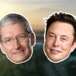 Apple pede a juiz que rejeite alegação absurda de Elon Musk sobre IA | Recortes de Tim Cook e Elon Musk contra um fundo do Apple Park