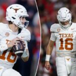 Arch Manning, nº 16 do Texas Longhorns, tentando passar a bola durante um jogo de futebol americano universitário.
