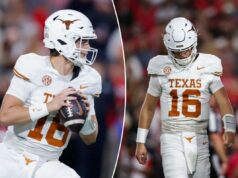 Arch Manning dá uma resposta contundente sobre seu desempenho após a derrota do Texas para a Geórgia Arch Manning, nº 16 do Texas Longhorns, tentando passar a bola durante um jogo de futebol americano universitário.