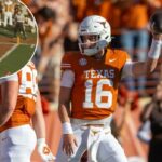 O quarterback do Texas, Arch Manning (16), comemora seu touchdown contra o Arkansas.