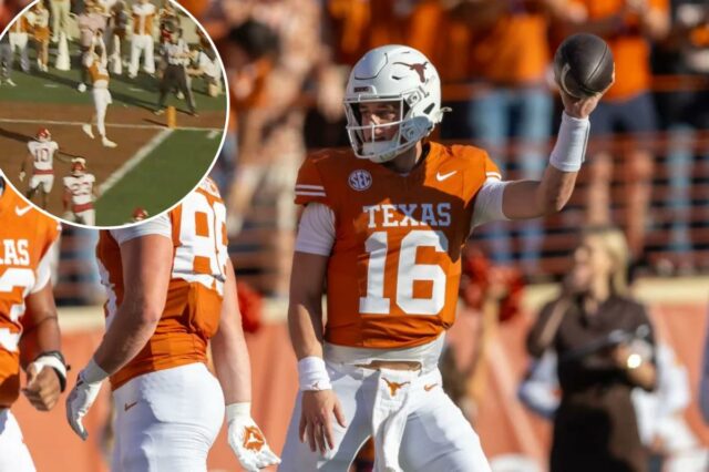 O quarterback do Texas, Arch Manning (16), comemora seu touchdown contra o Arkansas.