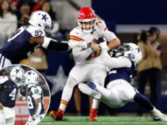 As esperanças do playoff do Chiefs estão em perigo após a derrota no Dia de Ação de Graças para Dak Prescott, Cowboys O quarterback do Kansas City Chiefs, Patrick Mahomes, foi demitido pelo lado defensivo do Dallas Cowboys, Jadeveon Clowney (42) e pelo defensive tackle Osa Odighizuwa (97).