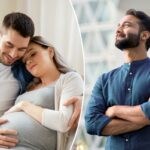 Homem abraçando mulher grávida enquanto está sentado em um sofá.