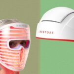 Um sistema de crescimento de cabelo iRestore, incluindo um capacete branco com detalhes vermelhos e um controle remoto branco.