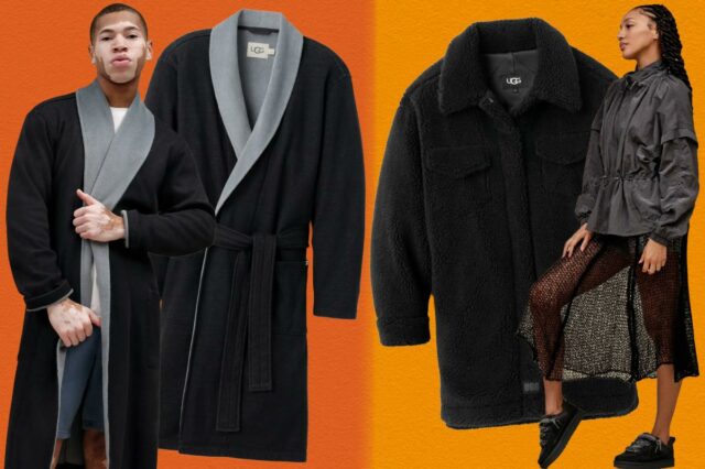 Colagem de produtos UGG: uma jaqueta de shearling, um bucket hat, uma modelo vestindo roupas UGG, dois pares de botas e mocassins.