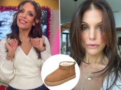 Bethenny Frankel está ‘obcecada’ por essas botas abaixo de US$ 40 que se parecem com Uggs Bota em camurça bege com forro de pele branca e pequena presilha nas costas.