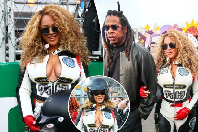 Beyoncé chama a atenção com equipamentos de corrida justos ao chegar ao Grande Prêmio de F1 com Jay-Z
