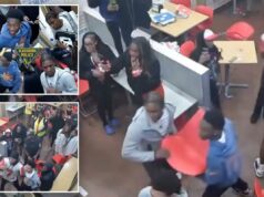 Briga violenta irrompe no Domino’s enquanto suspeitos jogam cadeira e atacam a cabeça do oficial Uma briga caótica tarde da noite estourou dentro de uma Domino's Pizza em Glassboro, Nova Jersey, no fim de semana, terminando com dois homens supostamente agredindo um policial, segundo as autoridades.