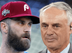Bryce Harper supostamente ameaçado por oficial da MLB após discussão de Rob Manfred, afirma agente rob manfred bryce harper principal getty