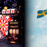 A CGG Entertainment está proibida de operar na Suécia devido a questões de licença. Imagem dividida mostrando vários elementos coloridos do cassino à esquerda, incluindo uma roda de roleta, caça-níqueis e roda de prêmios, e à direita, uma bandeira sueca balançando contra um céu nublado.