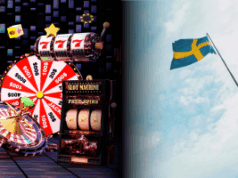 CGG Entertainment está proibida de operar na Suécia devido a questões de licença A CGG Entertainment está proibida de operar na Suécia devido a questões de licença. Imagem dividida mostrando vários elementos coloridos do cassino à esquerda, incluindo uma roda de roleta, caça-níqueis e roda de prêmios, e à direita, uma bandeira sueca balançando contra um céu nublado.