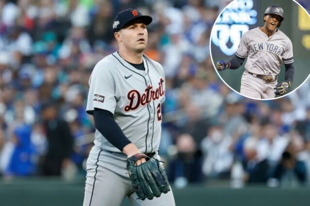 Tarik Skubal, do Detroit Tigers, observando durante um jogo.