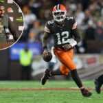 O quarterback do Cleveland Browns, Shedeur Sanders (12), corre com a bola de futebol durante o quarto período.