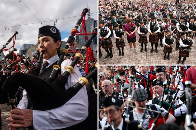 Os tocadores de gaita de foles se reuniram na Federation Square, em Melbourne, Austrália, para participar de uma tentativa de quebrar o recorde do maior conjunto de gaita de foles do mundo.