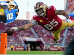Chargers x Jaguars, 49ers x Cardinals: probabilidades e escolhas da Semana 11 da NFL O tight end do San Francisco 49ers, George Kittle (85), marca um touchdown contra o Los Angeles Rams.