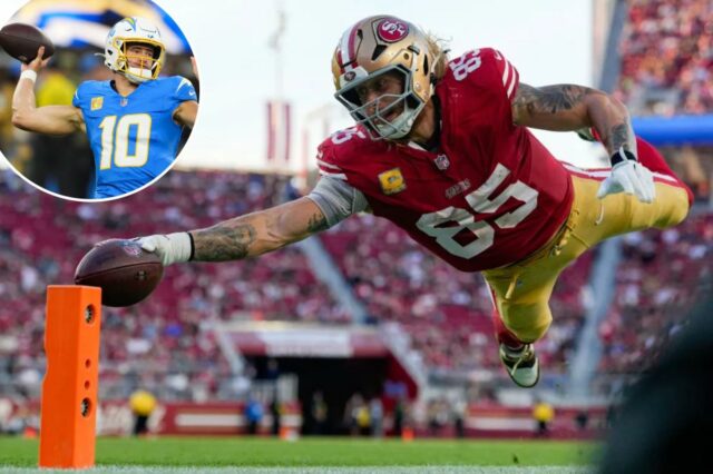 Chargers x Jaguars, 49ers x Cardinals: probabilidades e escolhas da O tight end do San Francisco 49ers, George Kittle (85), marca um touchdown contra o Los Angeles Rams.