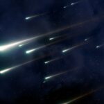 Leonid meteor shower, with bright falling stars in the night sky.