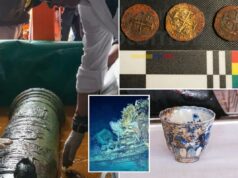 Cientistas colombianos recuperam canhão, moedas e xícara de porcelana de naufrágio espanhol de 300 anos Cientistas colombianos recuperam canhão, moedas e xícara de porcelana de naufrágio espanhol de 300 anos