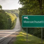 Uma fotografia de uma rodovia arborizada que se estende ao longe com uma clássica placa verde mostrando