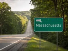 Comissão de Jogos de Massachusetts emite carta de notificação sobre mercados de previsão Uma fotografia de uma rodovia arborizada que se estende ao longe com uma clássica placa verde mostrando