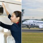 Comissário de bordo ajudando passageiro.