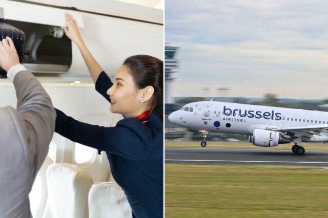 Comissário de bordo ajudando passageiro.