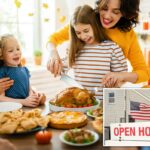 Família comemorando o Dia de Ação de Graças com um tradicional jantar de peru.