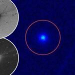 Imagem de um novo objeto C/2025 V1 sem cauda cometária visível. A direção do sol é em direção ao canto superior direito.