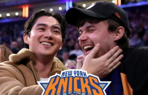 Costars de ‘Summer I Turned Pretty’ Sean Kaufman e Christopher Briney Kiss no jogo dos Knicks Sean Kaufman Christopher Briney dá um chute no main getty