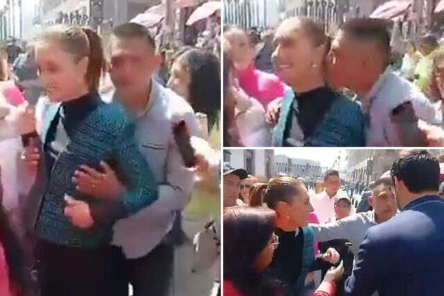 Creep toca e tenta beijar a presidente mexicana Claudia Sheinbaum Creep toca e tenta beijar a presidente mexicana Claudia Sheinbaum enquanto ela fala com cidadãos nas ruas da Cidade do México
