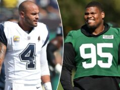 Dak Prescott tem uma reação cheia de palavrões à bomba do prazo de negociação de Quinnen Williams dos Cowboys O QB dos Cowboys, Dak Prescott, foi questionado pela mídia sobre o choque do prazo de negociação dos Cowboys na aquisição de Quinnen Williams.