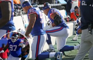 Dexter Lawrence deixa claras suas intenções para os Giants após outro jogo sem impacto conforme o prazo de negociação se aproxima Roy Robertson-Harris #95 e Dexter Lawrence II #97 do New York Giants no banco durante o segundo quarto.