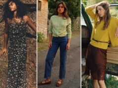 Dôen quase nunca tem promoções – mas tem até 70% de desconto na Black Friday Mulher com um cardigã amarelo mostarda e blusa com decote em V em um carro.