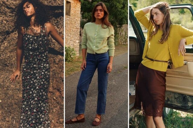 Mulher com um cardigã amarelo mostarda e blusa com decote em V em um carro.