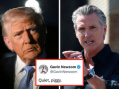 Donald Trump vai odiar o que Gavin Newsom está fazendo com ele por causa de seu comentário sobre “Quiet Piggy” Pessoa gesticulando enquanto fala com repórteres em uma aeronave, perto de uma tela com selo. Repórteres seguram microfones e dispositivos durante a entrevista