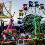 Os adultos cuidam de um balde de roda gigante que tombou.