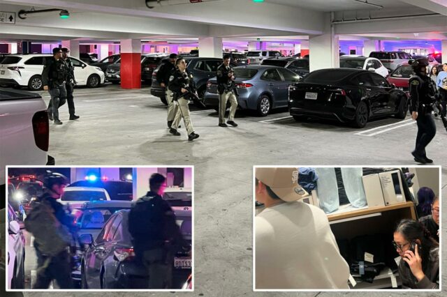Policiais respondendo a relatos de vítimas com ferimentos a bala no Valley Fair Mall, na Califórnia.