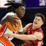 Dylan Darling tenta roubar a bola de KeShawn Murphy dos Tigers durante a derrota do St. John's por 85-74 para Auburn em 26 de novembro de 2025.