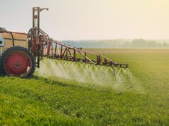 EPA propõe novo pesticida nas culturas gera alarme A machine sprays pesticides on a crop field.