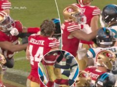 ESPN mostra ‘tiro barato’ em Jauan Jennings que gerou briga entre 49ers e Panthers Jauan Jennings socando um adversário durante um jogo de futebol.