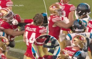 ESPN mostra ‘tiro barato’ em Jauan Jennings que gerou briga entre 49ers e Panthers Jauan Jennings socando um adversário durante um jogo de futebol.