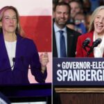 A representante dos EUA, Mikie Sherrill, em seu comício na noite eleitoral, depois que a mídia dos EUA projetou que ela venceu.