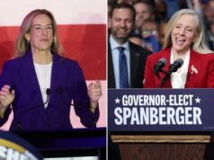 Eleitores democratas abraçam a franja – de socialistas a malucos pró-assassinato A representante dos EUA, Mikie Sherrill, em seu comício na noite eleitoral, depois que a mídia dos EUA projetou que ela venceu.