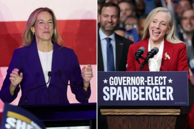 Eleitores democratas abraçam a franja – de socialistas a malucos A representante dos EUA, Mikie Sherrill, em seu comício na noite eleitoral, depois que a mídia dos EUA projetou que ela venceu.