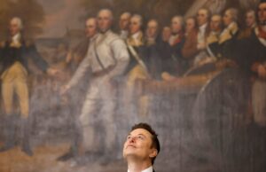 Elon Musk usa Grok para imaginar a possibilidade do amor a photo of Elon Musk looking up at the ceiling while standing in front of a historical painting