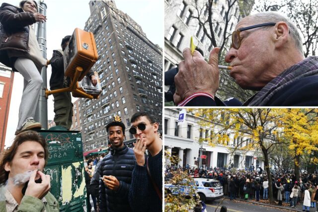 Entre! Mais de 2.000 fumantes se reúnem no Washington Square Park para uma pausa para fumar
