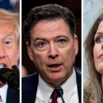 O presidente dos EUA, Donald Trump, o ex-diretor do FBI James Comey e a procuradora dos EUA, Lindsey Halligan.