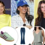 Sapatos Adidas Gazelle em verde menta com listras roxas.